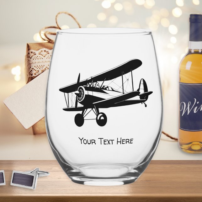 Verre À Vin Sans Pied Silhouette Rétro Plane Aéronef Texte Personnalisé (A stemless wine glass, with retro aeroplane picture and custom text, ideal for aircraft enthusiasts)