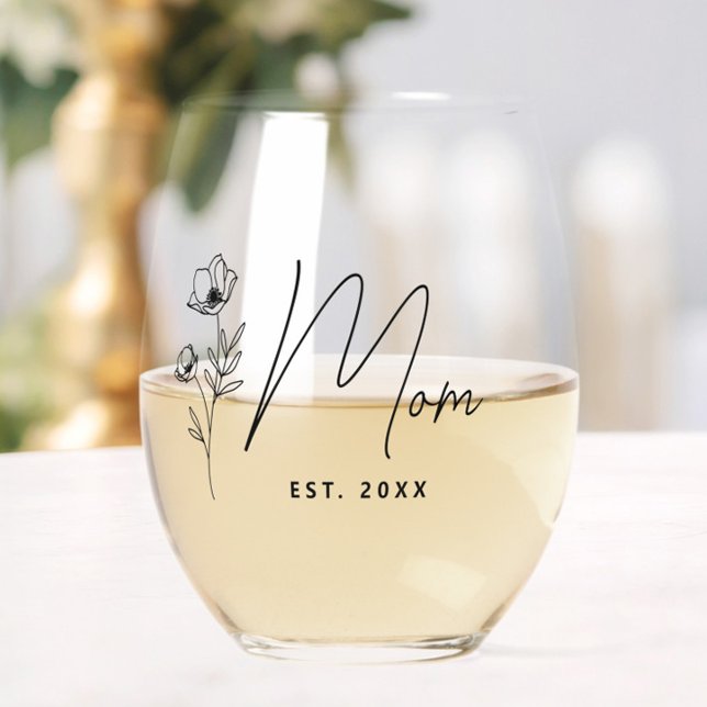 Verre À Vin Sans Pied Simple Black Floral Maman personnalisée (Elegant New Mom Floral Wine Glass, Mother's Day Gift, Est. 2025, Modern, Script, Baby Shower )