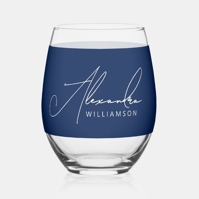 Verre À Vin Sans Pied Simple Bleu Et Blanc Script Moderne Nom Élégant (Recto)