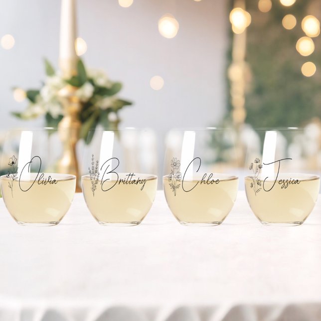 Verre À Vin Sans Pied Simple Moderne Personnalisée Fleur de servante (maid of honor wine glass,bridesmaid wine glass with name,wildflower floral bridesmaid gifts,)