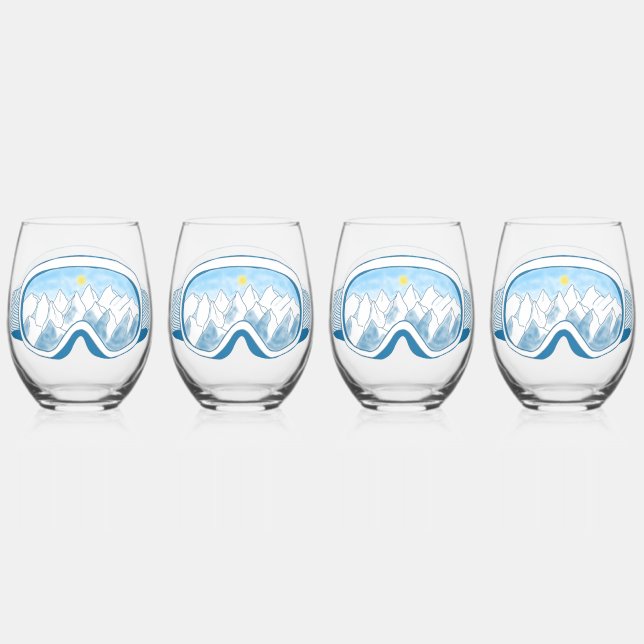 Verre À Vin Sans Pied Ski Goggles Mountain Reflection Sky Blue Set 4 (Recto)