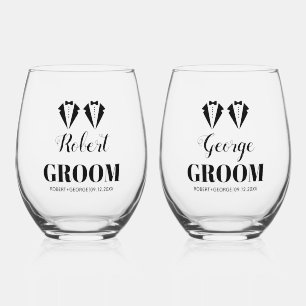 Verre À Vin Sans Pied Smoking noir et blanc pour deux mariés mariage gay