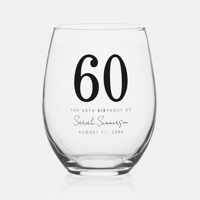 Verre À Vin Sans Pied Soixantième anniversaire élégant Nom Date Fête (Recto)