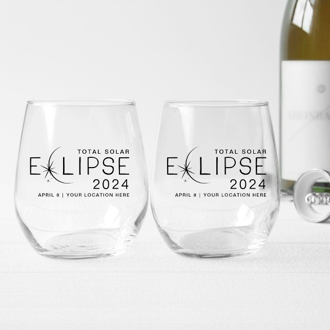 Verre À Vin Sans Pied Solar Eclipse 2024 Lieu personnalisé Commémoratif (Créateur téléchargé)