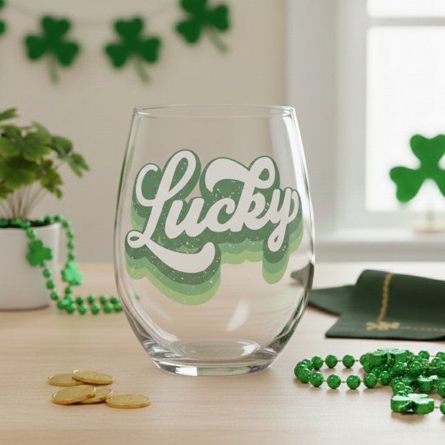 Verre À Vin Sans Pied St Patrick's Day Retro Lucky (St Patrick's Day Retro Lucky Stemless Wine Glass)