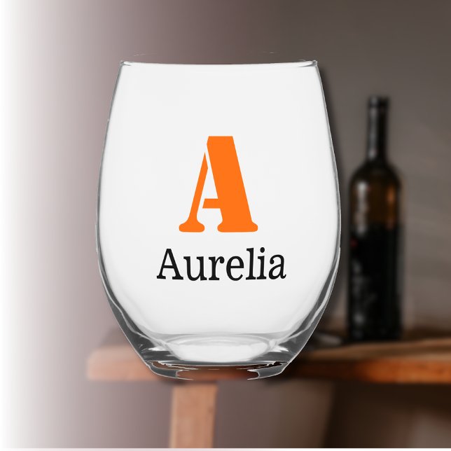Verre À Vin Sans Pied Sunset Orange Elegant Initial Black Name | Moderne (Créateur téléchargé)
