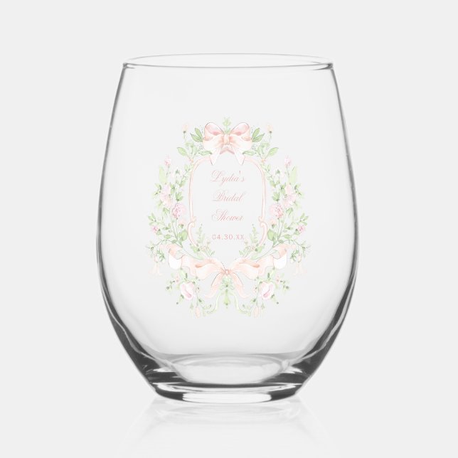 Verre À Vin Sans Pied Sweet Crest avec rubans roses | Monogramme Baby Sh (Recto)