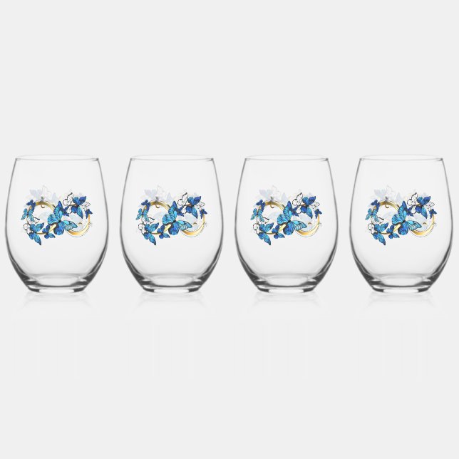 Verre À Vin Sans Pied Symbole infini de papillons Morpho bleus (Recto)