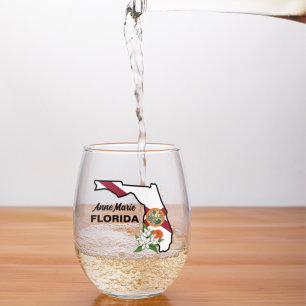 Verre À Vin Sans Pied Texte personnalisé Floride Drapeau & Fleur Orange