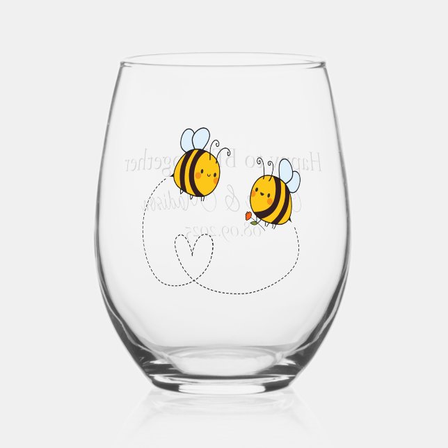 Verre À Vin Sans Pied Texte personnalisé Happy Love Bees (Recto)