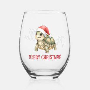 Verre À Vin Sans Pied Tortue de Noël à chapeau de Père Noël aquarelle pe