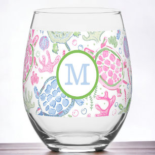 Verre À Vin Sans Pied Tortues de mer roses et bleues monogramme Prépa