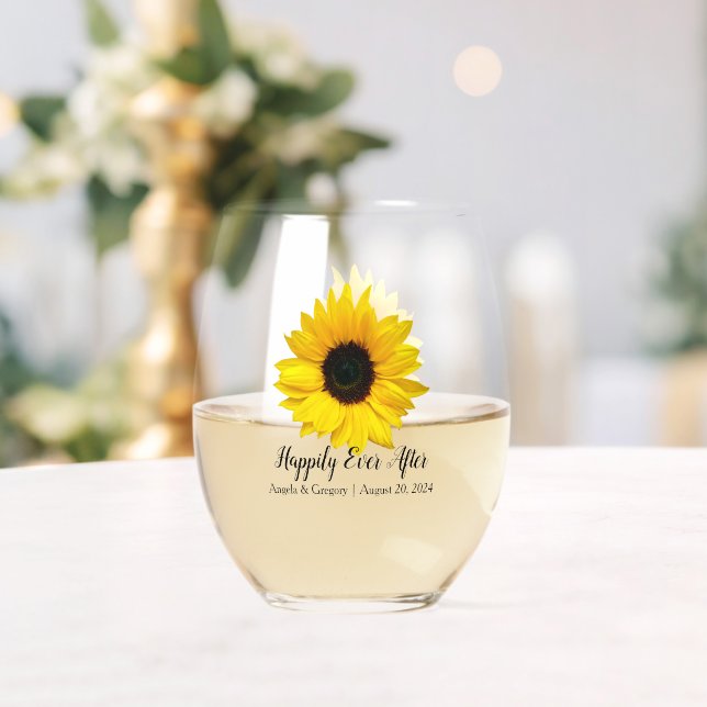 Verre À Vin Sans Pied Tournesol Jaune Heureux Jamais Après Mariage (Insitu (Mariage))