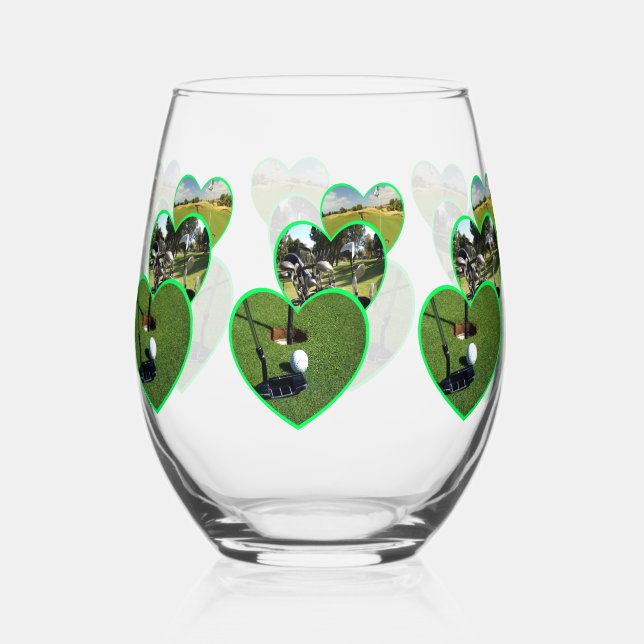 Verre À Vin Sans Pied Trois Coeurs de Golf Vert Design, (Recto)