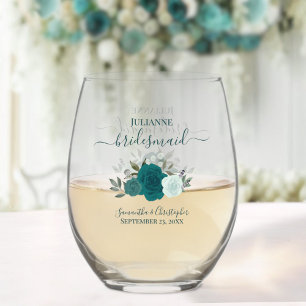 Verre À Vin Sans Pied Turquoise Aqua Boho Rose femme de ménage d'honneur