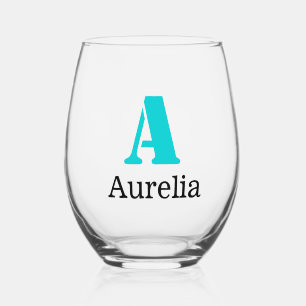 Verre À Vin Sans Pied Turquoise Elegant Initial Black Name Moderne