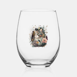 Verre À Vin Sans Pied Un beau chat AVEC bouquet de roses pour l'amour du