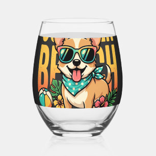 Verre À Vin Sans Pied Vecteur de vacances de chien de plage d'été