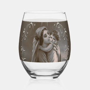 Verre À Vin Sans Pied Vierge vintage et enfant avec cadre argenté