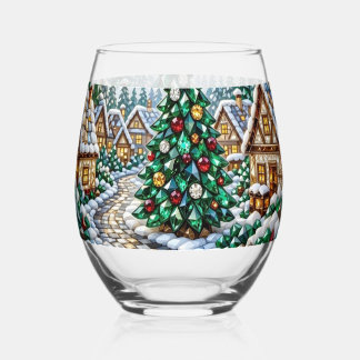 Verre À Vin Sans Pied Village de Noël en joyaux, arbre émeraude en crist