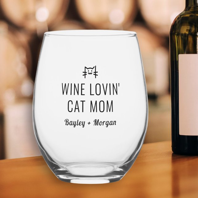 Verre À Vin Sans Pied Vin drôle Aimer Chat Maman Noms personnalisés (Créateur téléchargé)