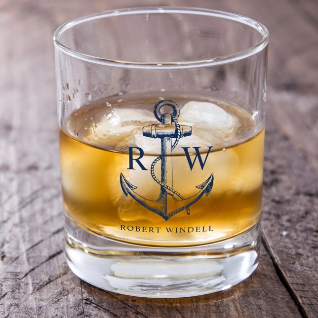 Verre À Whisky Ancre nautique Monogramme bleu marine (Créateur téléchargé)