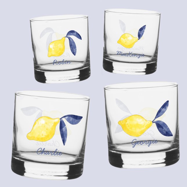 Verre À Whisky Aquarelle Citrus citron Nom personnalisé (Fresh citrus lemon watercolor individual name personalized glasses)