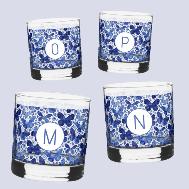 Verre À Whisky Aquarelle papillon bleu Monogramme initial (Blue watercolor butterfly pattern personalized monogram initial glasses)