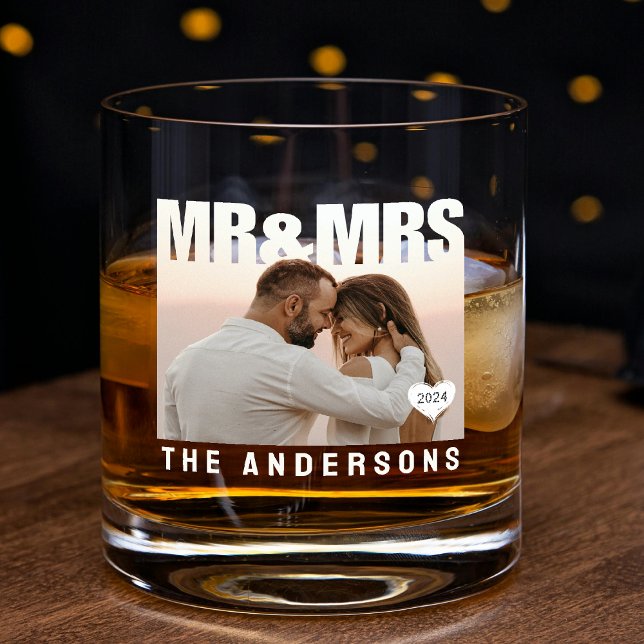 Verre À Whisky Bloc photo de M. et Mme Cœur Anniversaire Nom (Mr & Mrs Photo Block Heart Anniversary Name Whiskey Glass
)