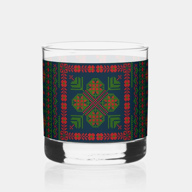 Verre À Whisky Broderie palestinienne Tatreez rouge vert 5 Motif (Recto)