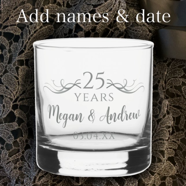 Verre À Whisky Cadeau Personnalisé Élégant 25e anniversaire Maria (Create a one-of-a-kind personalized keepsake glass for a silver 25th wedding anniversary gift. 
)