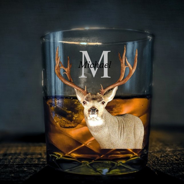 Verre À Whisky Chasse de cerfs personnalisée Monogrammes Antlers (Elegant Deer Hunting Buck Antler Deer Hunting Whiskey Glass)