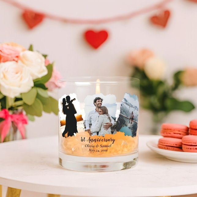 Verre À Whisky Collage personnalisé de couple Photo 1er Anniversa (Créateur téléchargé)