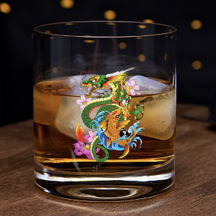 Verre À Whisky Dragon Japonais Koi Lotus Mythique Asien Bleu
