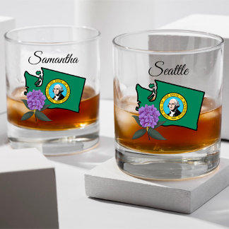 Verre À Whisky Drapeau Washington et Fleur Rhododendron Pacifique