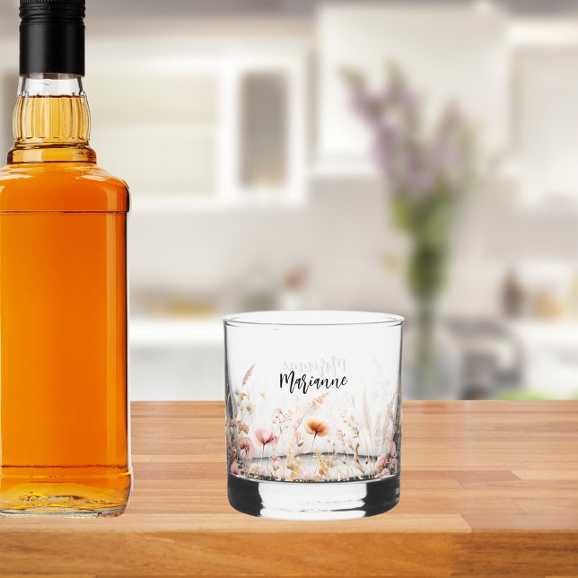 Verre À Whisky Écriture personnalisée avec fleurs sauvages (Créateur téléchargé)