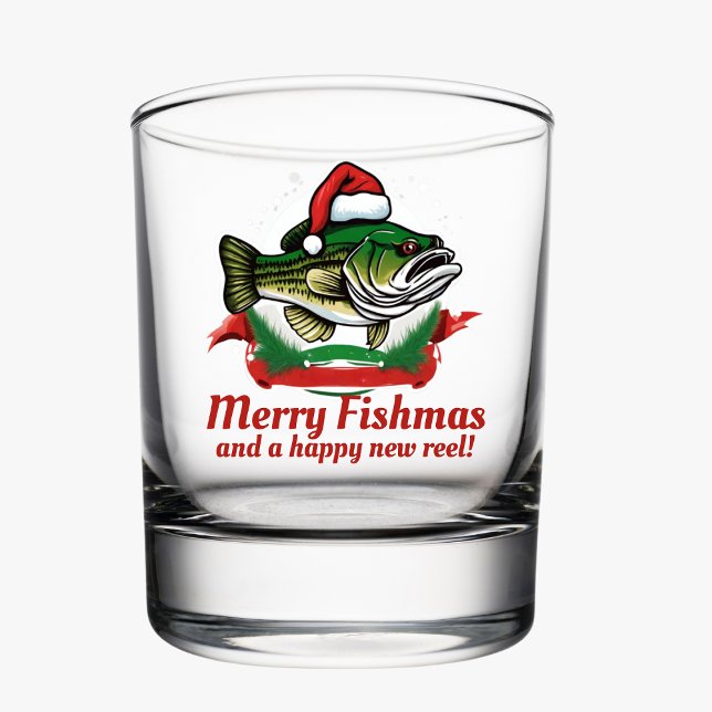 Verre À Whisky Funky Joyeux Noël Pêche Père Noël Poisson (Merry Fishmas Whiskey Bass Fishing Glass for Anglers)