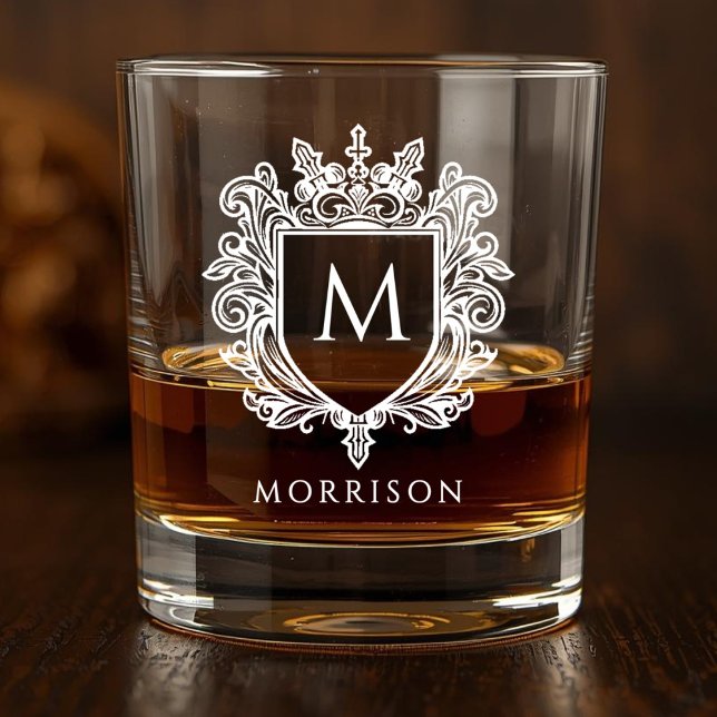 Verre à Whisky Imprimé avec Blason Monogramme Blan (White Monogram Crest Printed Whiskey Glass)