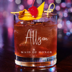 Verre À Whisky Maid Of Honor Chic White Script Monogram Mariage