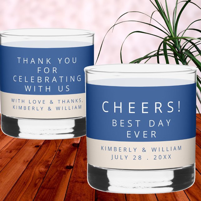 Verre À Whisky Marseille Bleu Fête de mariage double face Faveurs (Marseille Bleu Modern Wedding Whiskey Glass With Double Sided Custom Text)