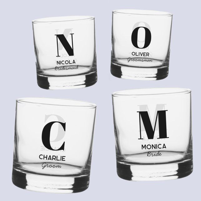 Verre À Whisky Monogramme Nom initial Soirée de mariage personnal (Modern personalized monogram initial name bridal bachelorette wedding party individual glasses)