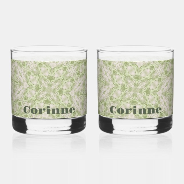 Verre À Whisky Monogramme Nom Sage Green Motif | (Recto)