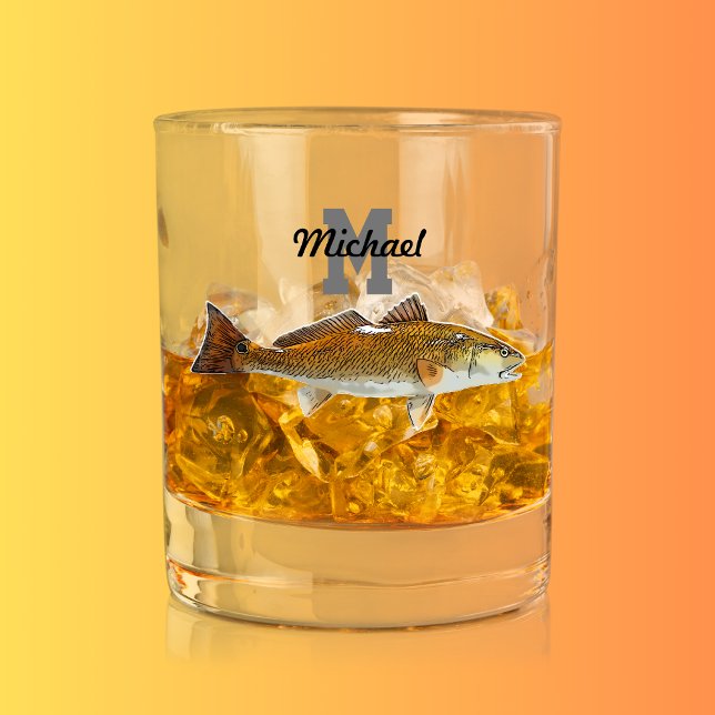 Verre À Whisky Monogramme Nom sébaste Pêche Hommes Sports Extérie (Monogram Saltwater Fishing Redfish Drum Whiskey Glass)