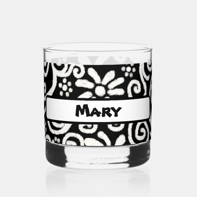 Verre À Whisky Motif Floral Blanc Noir (Recto)