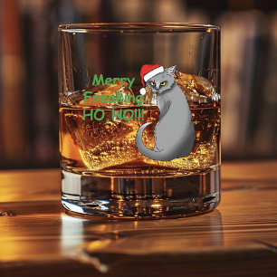 Verre À Whisky Noël Drôle Grincheux Chat Gris Fêtes Humour