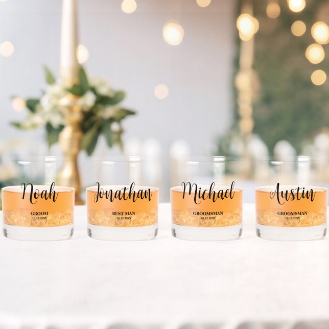 Verre À Whisky Simple Script Personnalisé Groomsmen Party de mari (Set of 4 Whiskey Glasses. All text can be changed to fit your needs!)