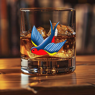 Verre À Whisky Style de tatouage traditionnel d'hirondelle bleu g