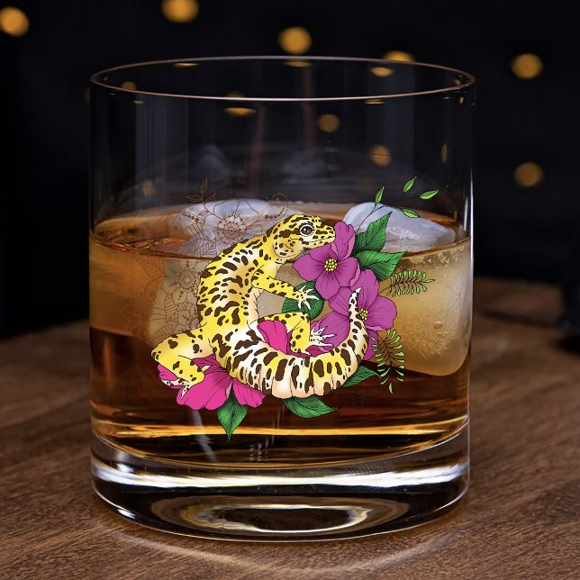 Verre À Whisky Vibrant Lézard Gecko Léopard Floral Vert  (Créateur téléchargé)