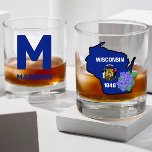 Verre À Whisky Wisconsin Drapeau et Fleur Bleu Violet Nom personn