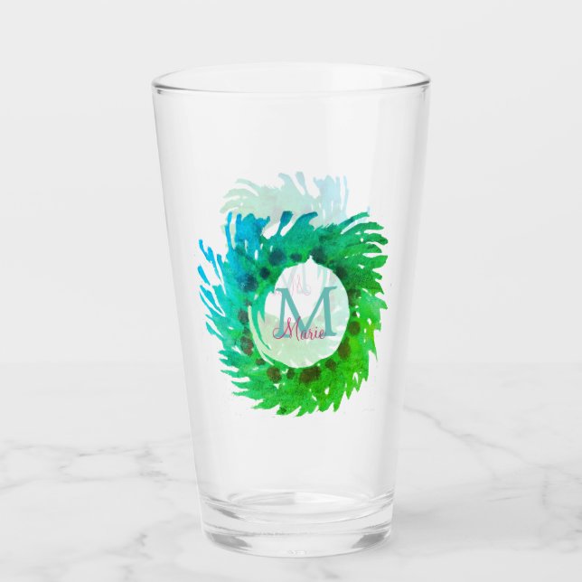 Verre Ajouter une couronne de Noël vert rose monogramme (Devant)
